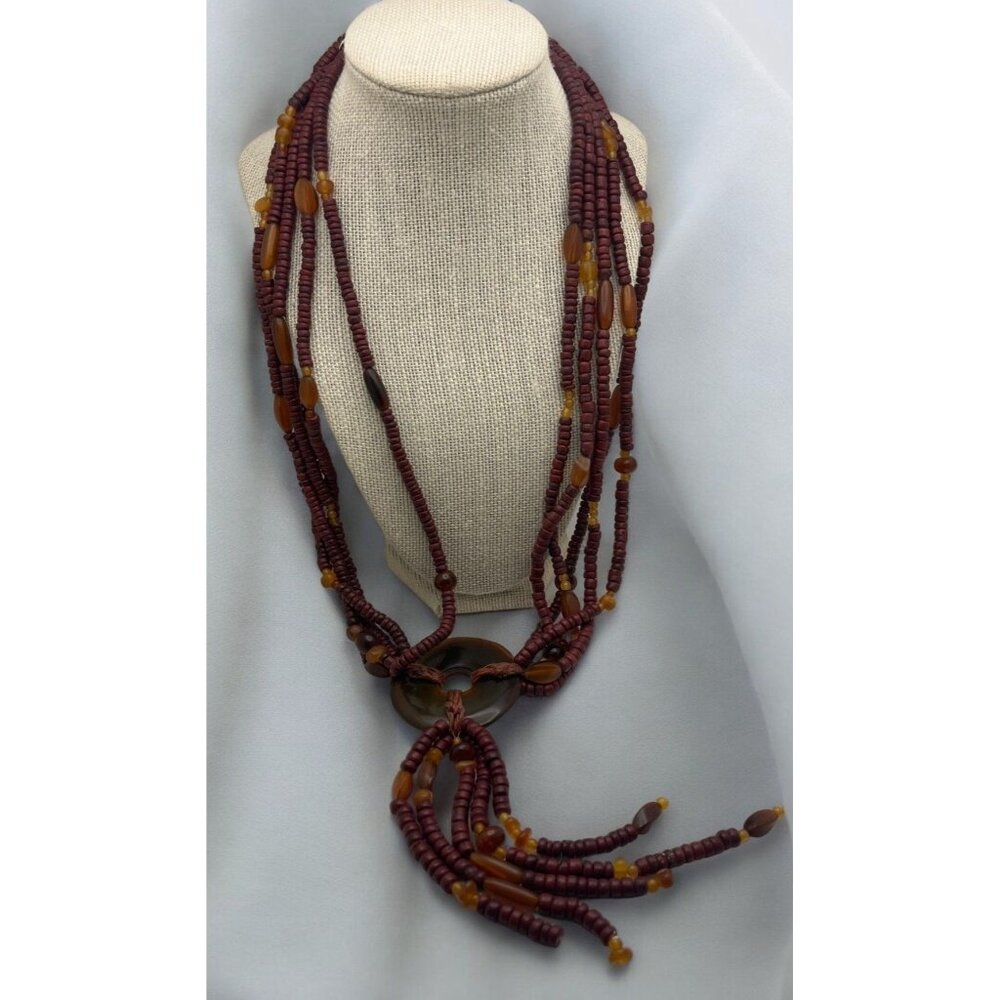 Handmade Beaded Necklace Multi-Strand Tassel Pendant Wood Tribal Boho Nature